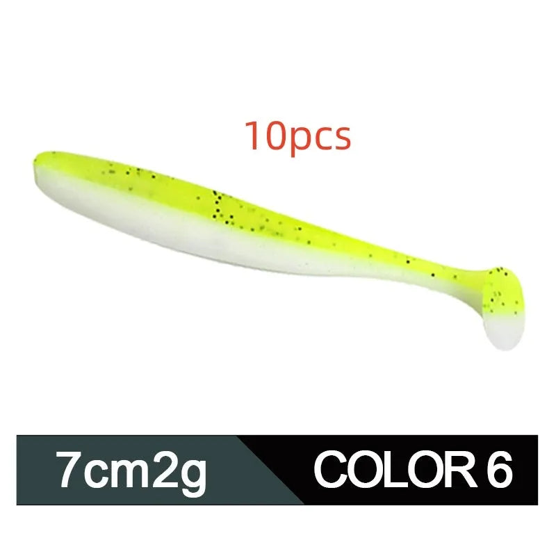 Soft worm mandarin fish topmouth culter fishing lure showing two-tone colour and T-tail, 7cm long.