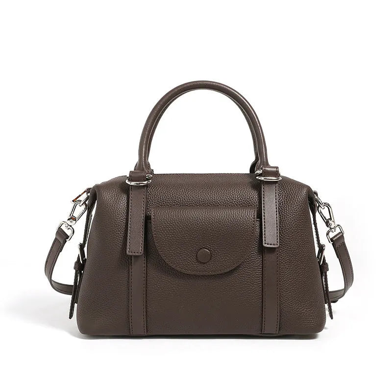 Genuine leather ladies' handbag in black with stitching detail, measuring 27cm wide