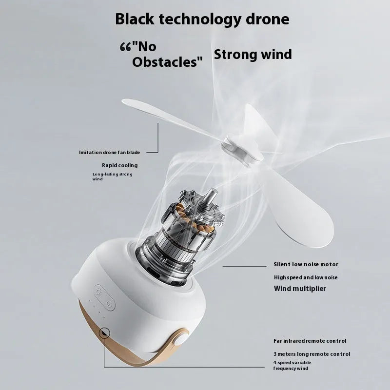 Rechargeable camping tent ceiling fan with remote control and night light on a 3-metre wire bracket.