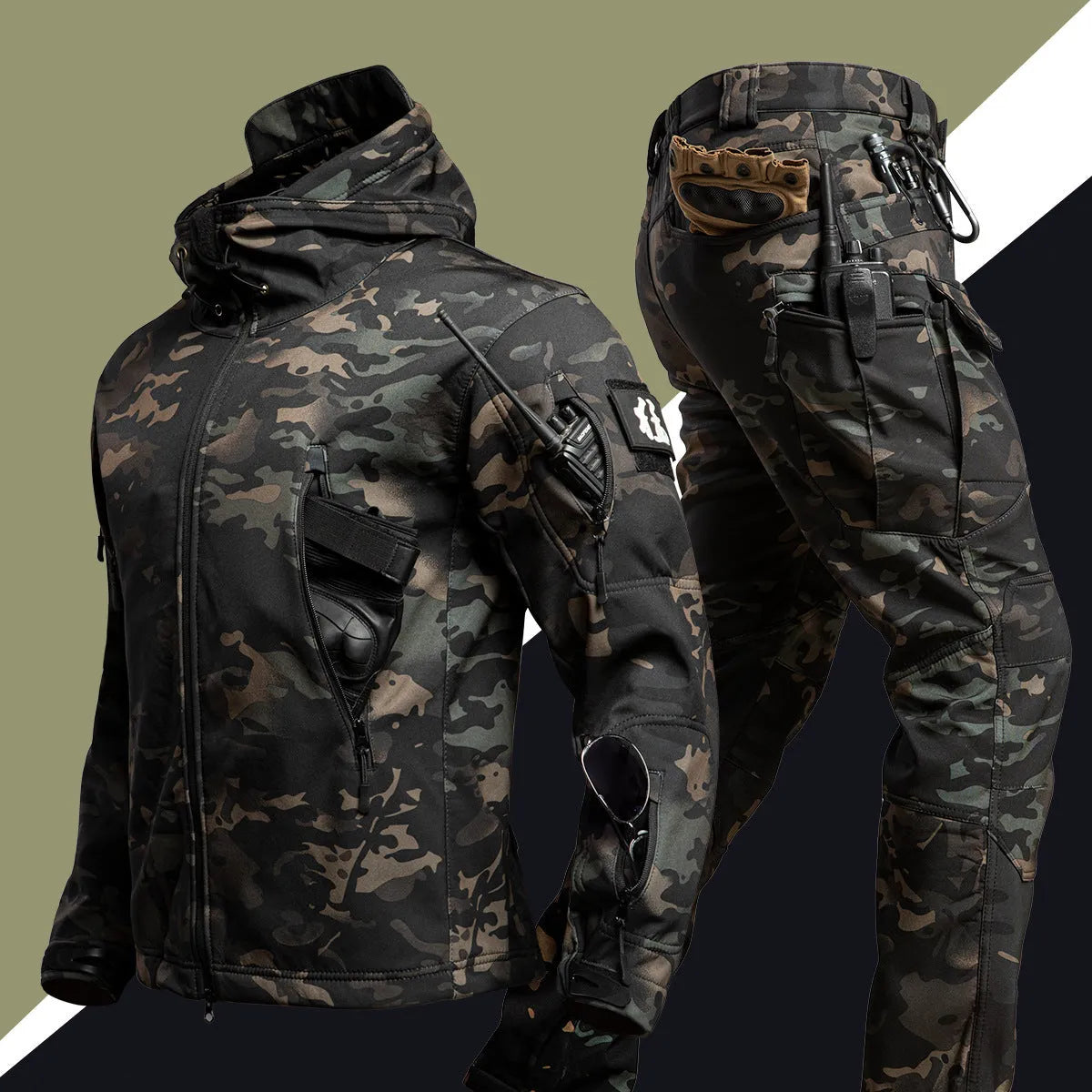 Camouflage winter shell jacket suit set for men with jacket and trousers, waterproof and windproof