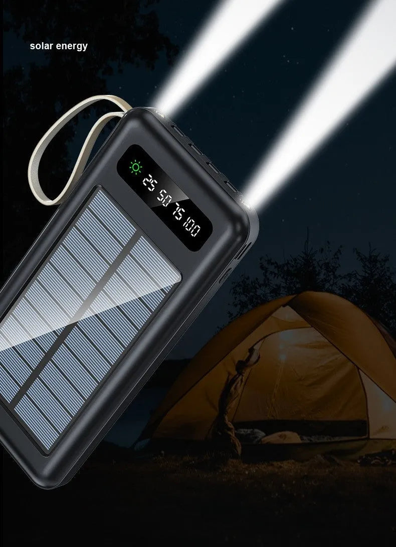 Solar power bank in black or white with solar panel, showing compact size of 144x68x16mm