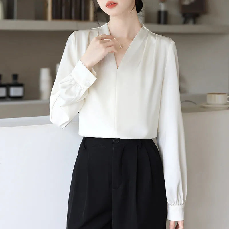 Women's blue satin long sleeve shirt with slim fit and 3D stitching detail on front