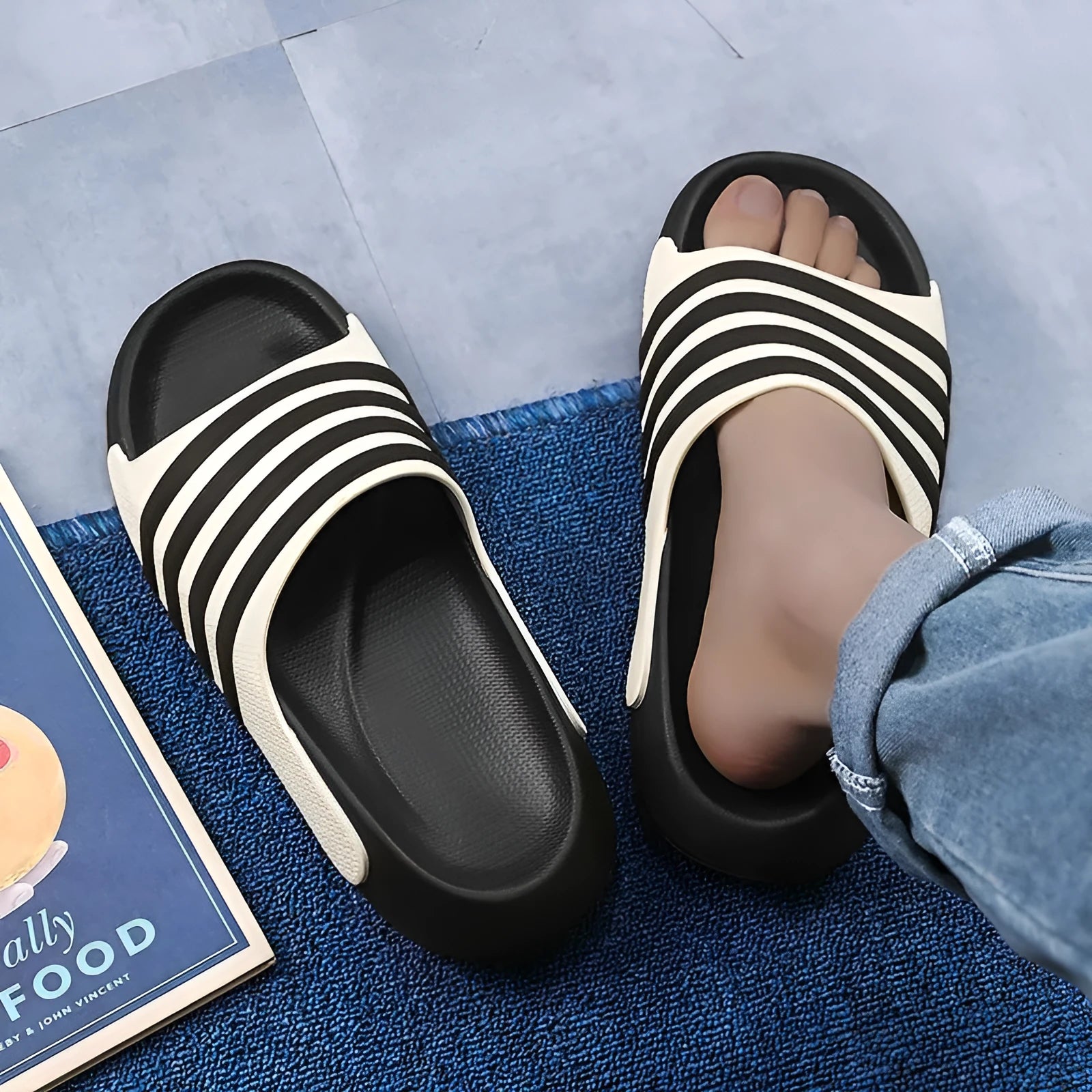 Casual unisex slippers with a PVC upper and EVA sole, shown in beige, black and white, blue and white, and green colour options.