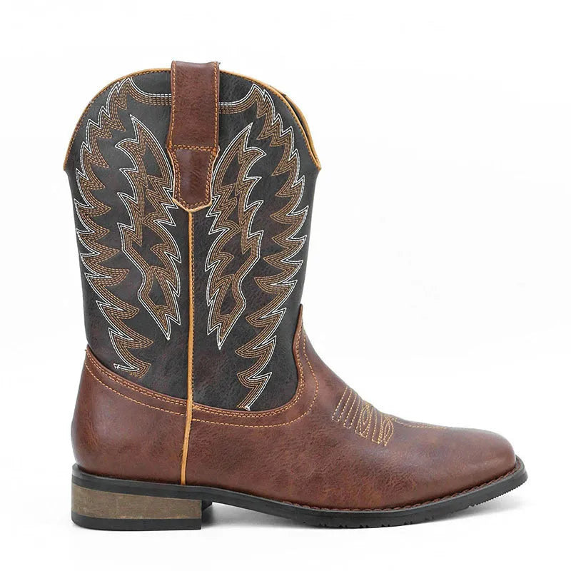 Men's black square toe western motorcycle boots with a low wedge heel and mid-calf height.