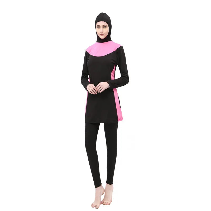 Conservative women's hooded swimsuit with long sleeves and separate top and bottom in black with colour trim