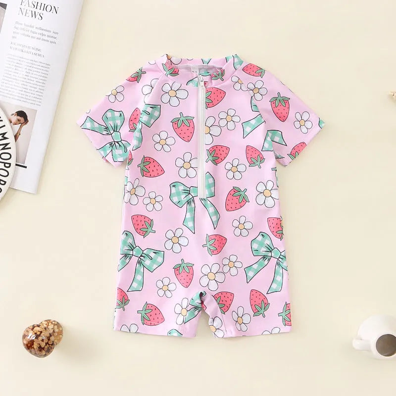 Bowknot girls' one-piece swimsuit in polyester with full cherry flower print for babies