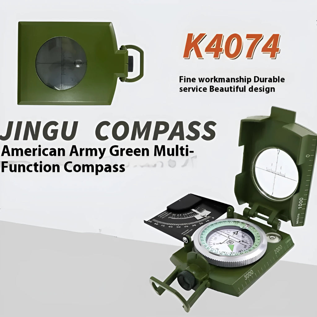 K4074 professional metal multifunctional compass with hanging ring on a black background.