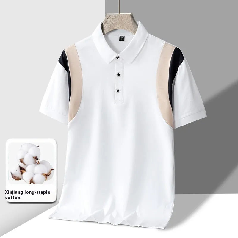 Men's striped cotton short-sleeve T-shirt with a lapel collar in a loose fit.