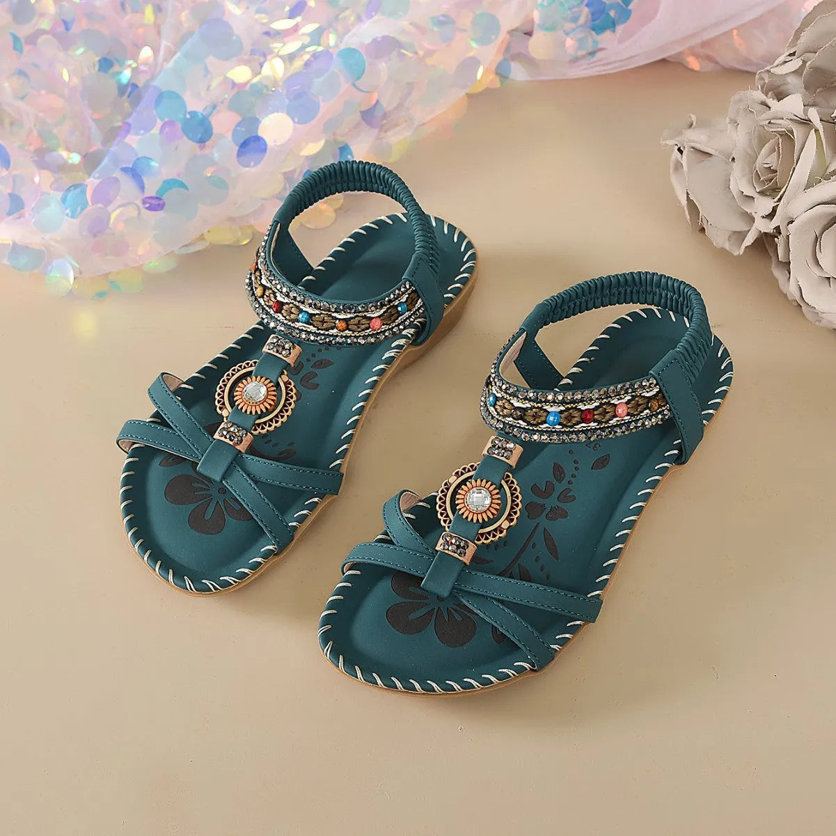 Handmade beaded rhinestone flat beach sandals for women, dark green, PU upper, low top, TPR sole