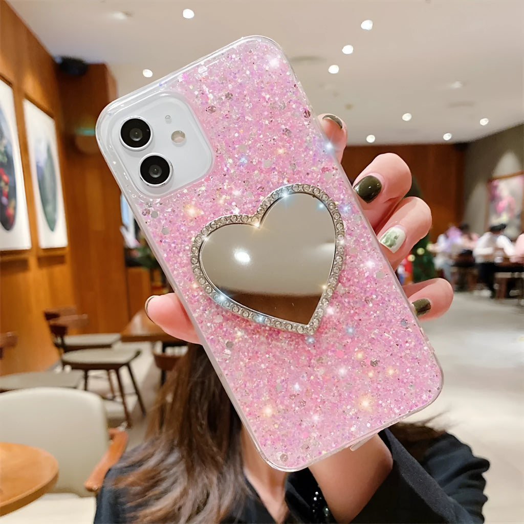Epoxy mirror heart shape rhinestone phone case for Apple iPhone with glitter gold finish
