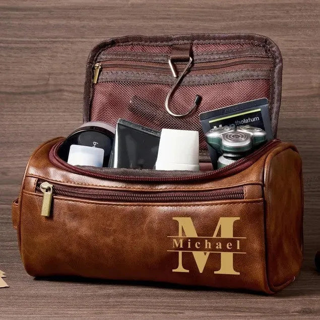 Men's black PU leather travel toiletry bag for storage