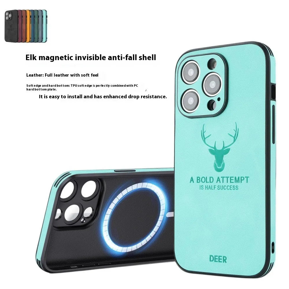 iPhone 16 series imitation leather phone case with embossed moose head design showing magnetic charging compatibility