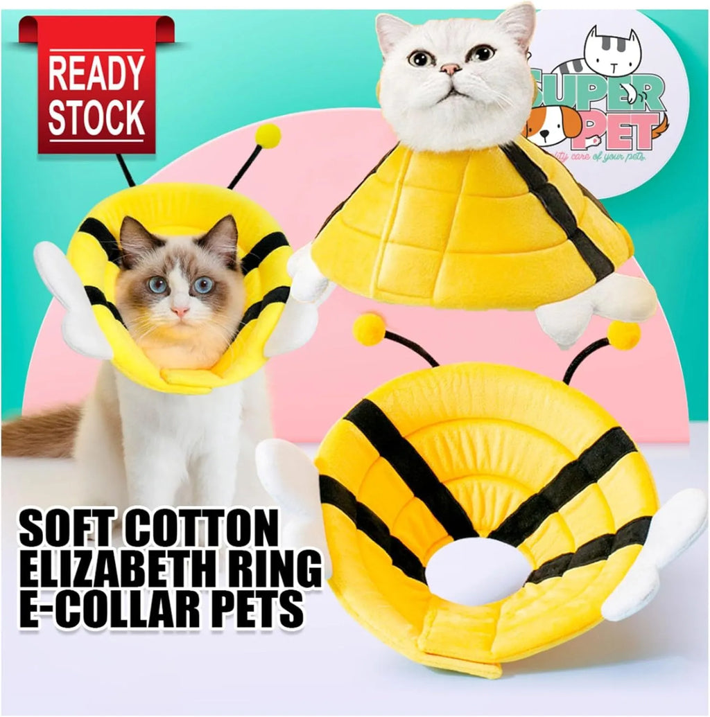 Soft cat cone collar with bee design showing adjustable velcro closure for wound protection