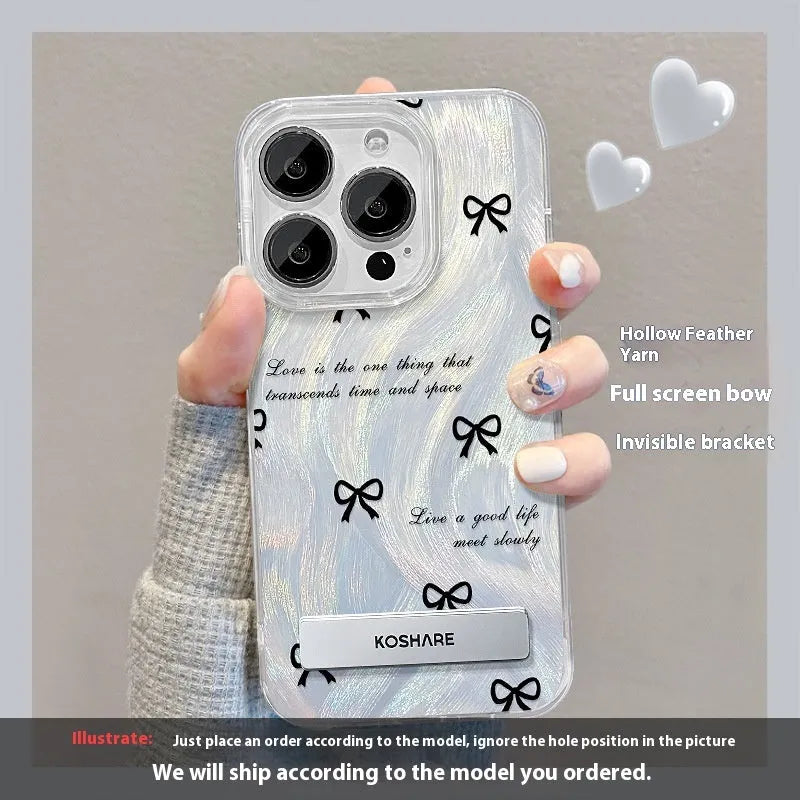 PC phone case for iPhone 15 with silver smudge star design and pop-out bracket on back