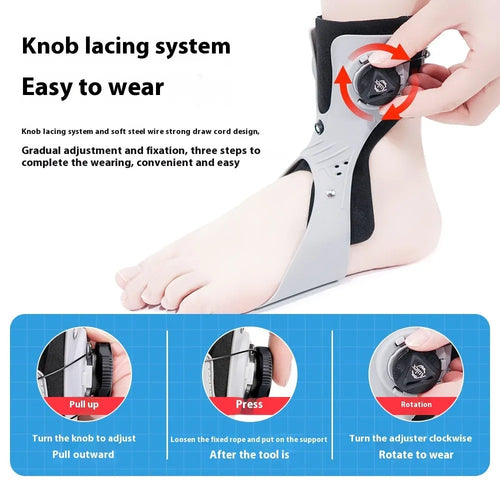 Grey ankle support brace with airbag button mechanism for left foot stabilisation