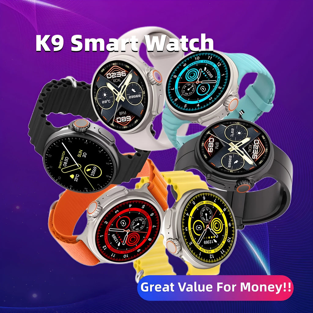 K9 smart watch in black with round colour screen on a silicone strap, showing a fitness stats dial.