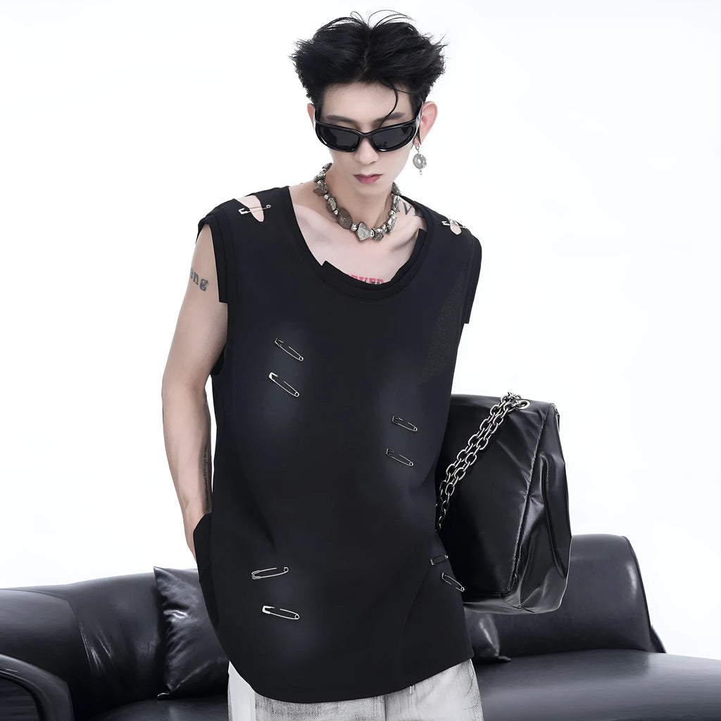 Men's black ripped waistcoat vest with irregular cutting piece design and sleeveless round neck