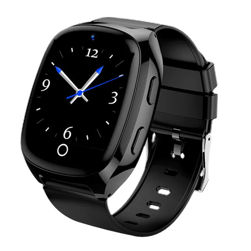 Black GPS location tracker phone watch with touch screen displayed on wrist, showing SOS button and charging cable.