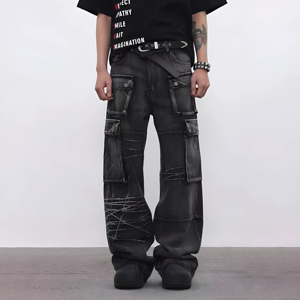 Men's black cotton embroidery trousers with wide-leg loose fit design