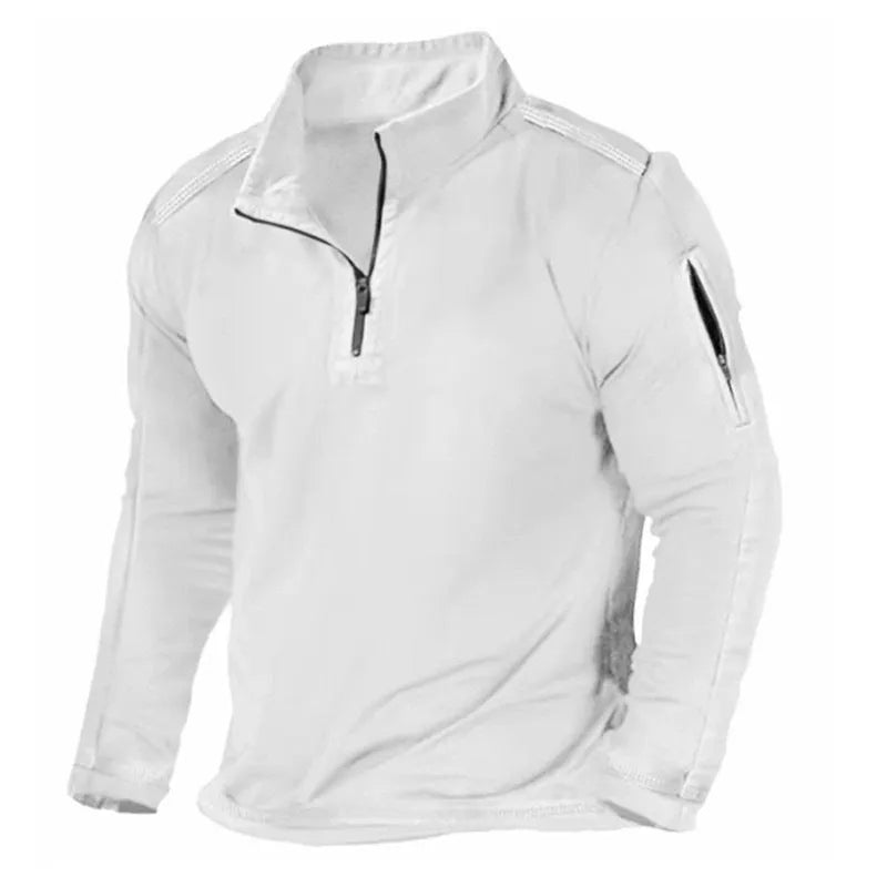 Men's black zip-front stand collar long-sleeved sports sweater laid flat.