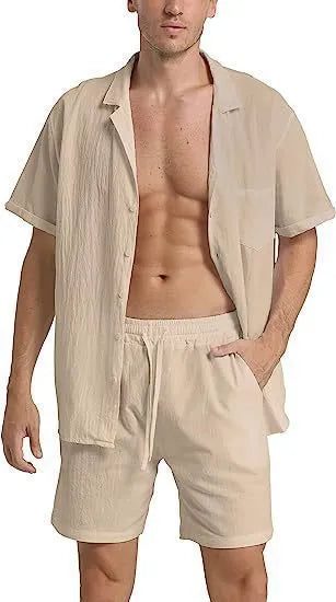 Men's linen summer sports shorts suit with short-sleeved top and matching shorts in army green colour