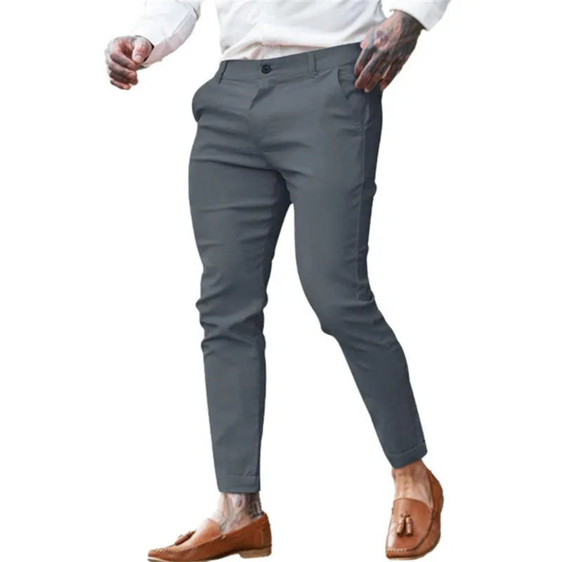 Men's slim fit pencil trousers in stretch cotton twill available in multiple colours