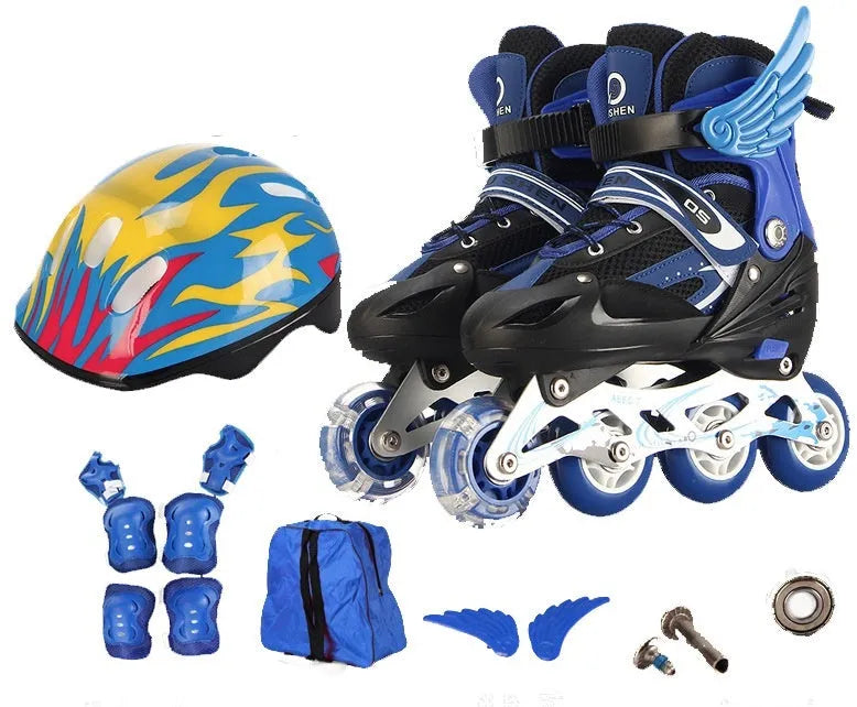 Yellow adjustable children's roller skates with aluminium frame, PU wheels, and a set of protective gear including helmet.