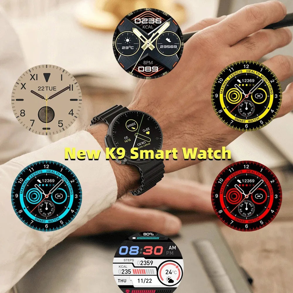 K9 smart watch in black with round colour screen on a silicone strap, showing a fitness stats dial.