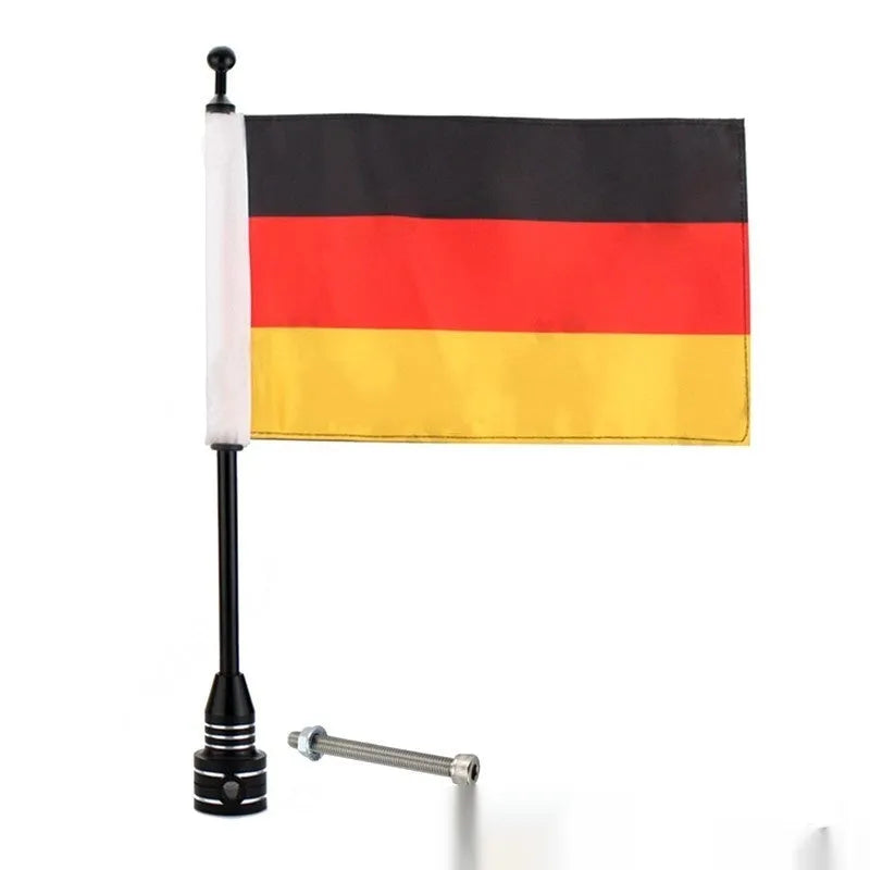 Motorcycle side box mounting flagpole in silver or black for luggage rack attachment