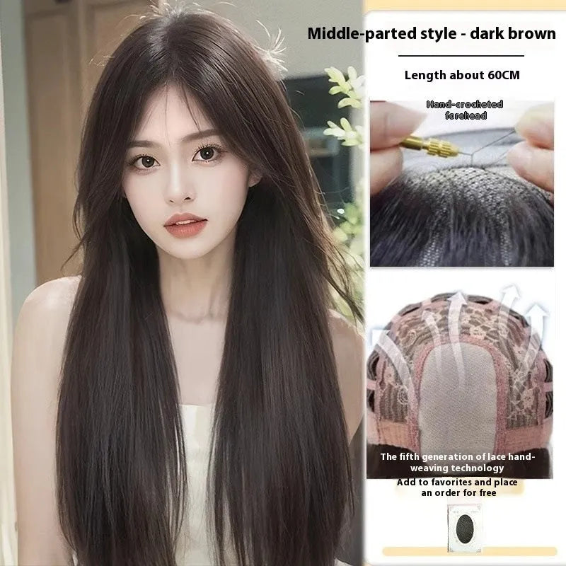 Black long straight full-head synthetic wig with lace front and side bangs.