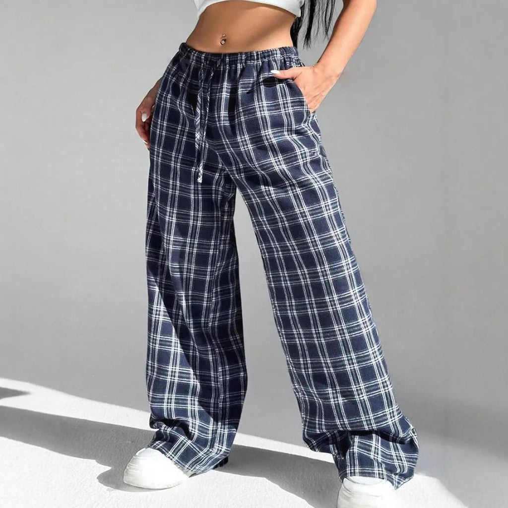 Women's blue plaid pocket casual trousers with drawstring waist and loose fit