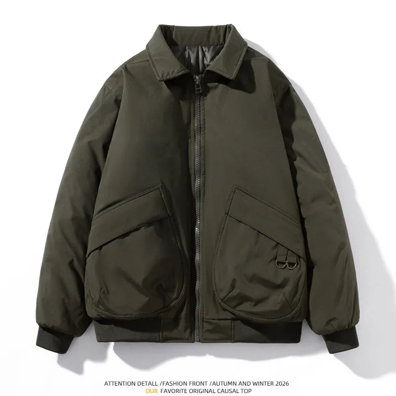 Men's loose fit bomber jacket with raglan sleeves, available in black, army green or light green, winter thickened or thin.