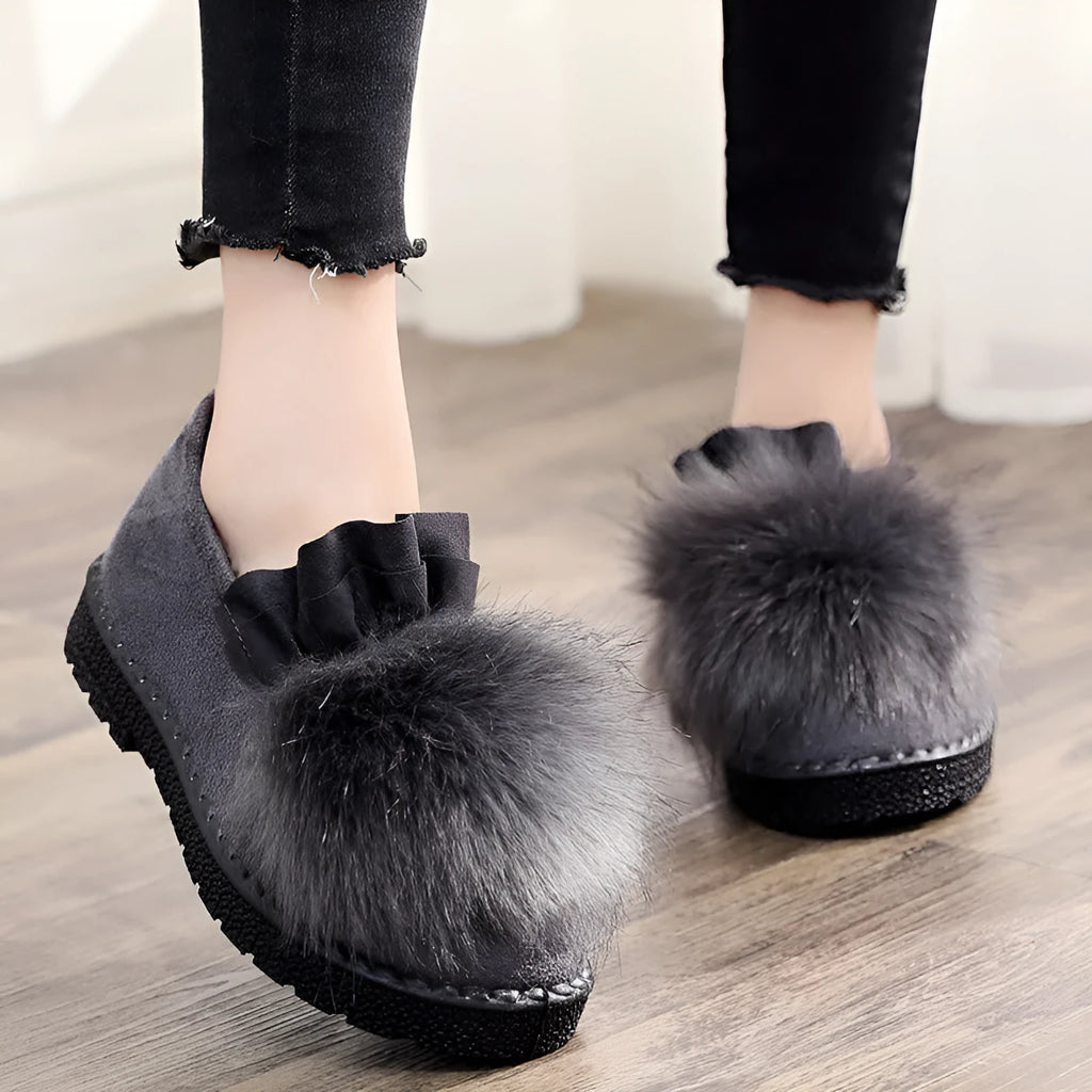 Women's high-top cotton fleece winter slippers with waterproof platform rubber sole in black or grey