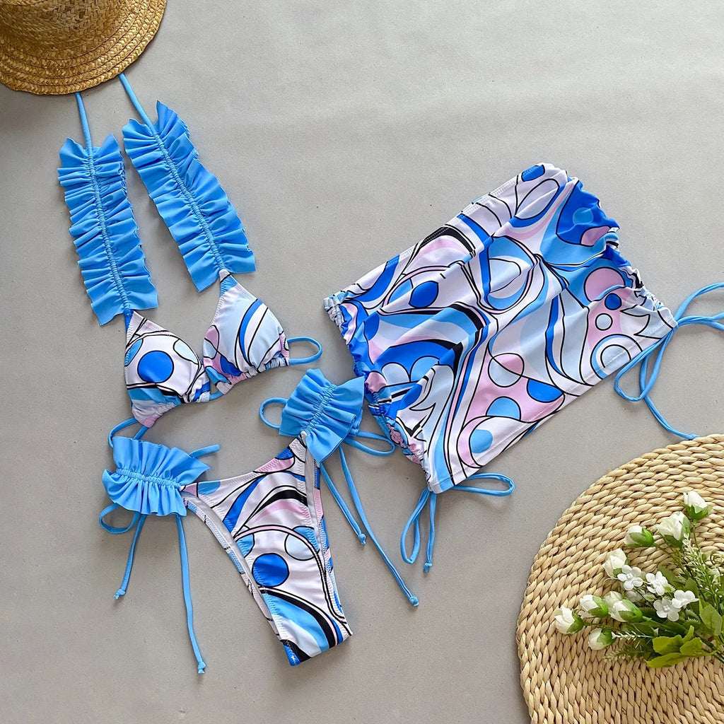 Women's pleated split bikini swimsuit with nylon fabric and spandex lining, sleeveless, in purple blue green or rose red, sizes S M L