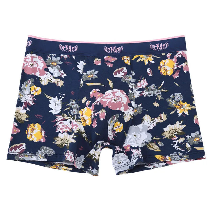 Purified cotton men's boxer shorts with U-shaped pouch design in a floral pattern colour.