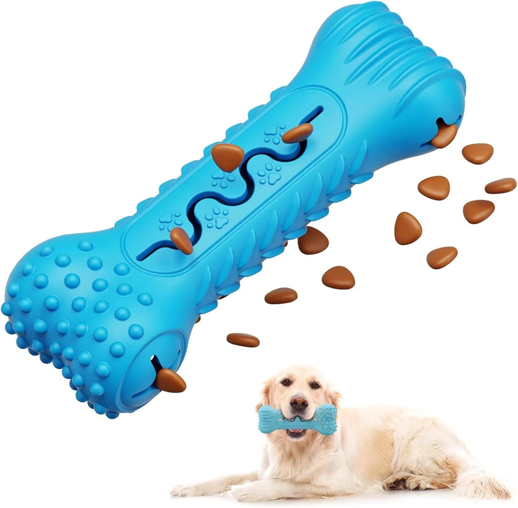 Blue natural rubber bone-shaped dog chew toy for aggressive chewers with textured surface