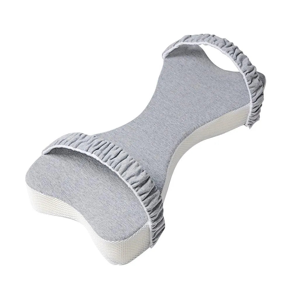 Memory cotton side sleeping knee pillow in light grey on a bed, 70x37x9cm with adjustable core height