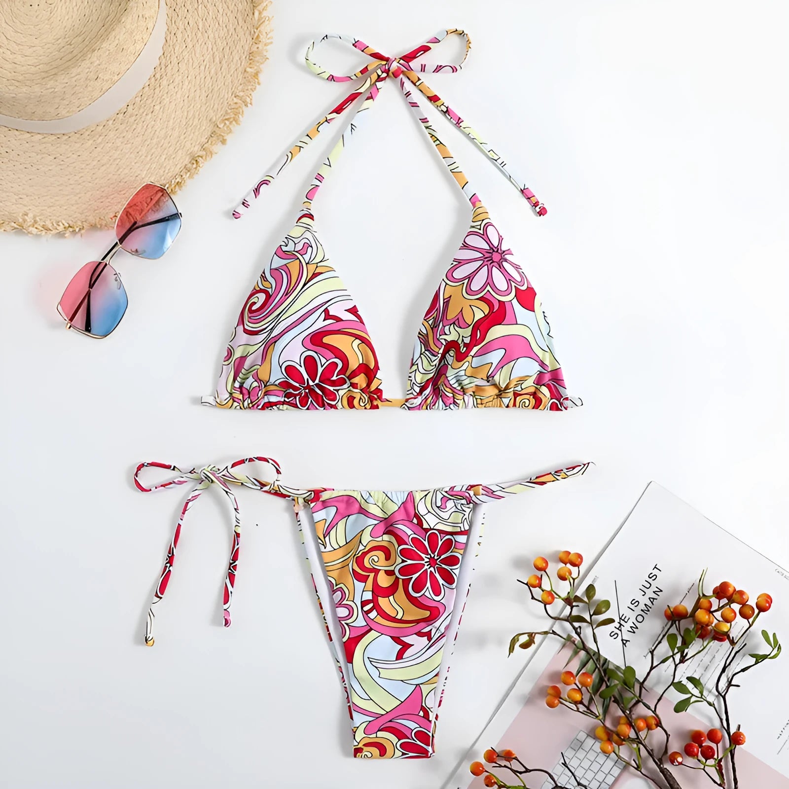Women's multicolour triangle print bikini with hanging neck design and separate bottoms