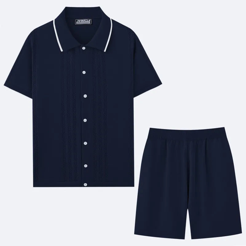 European and American business casual two-piece set in khaki, dark blue, black, light blue, grey, and wine red featuring short sleeve knit top and shorts.