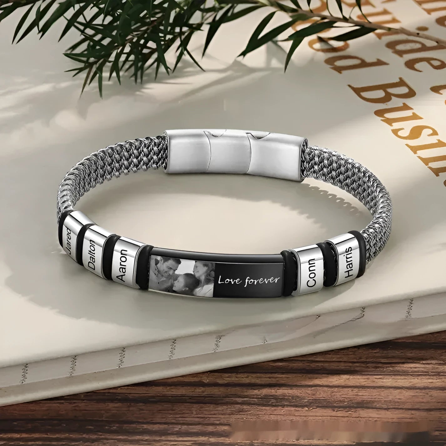 Men's titanium steel lettering bracelet with leather rope and heart-shaped beads in gift box