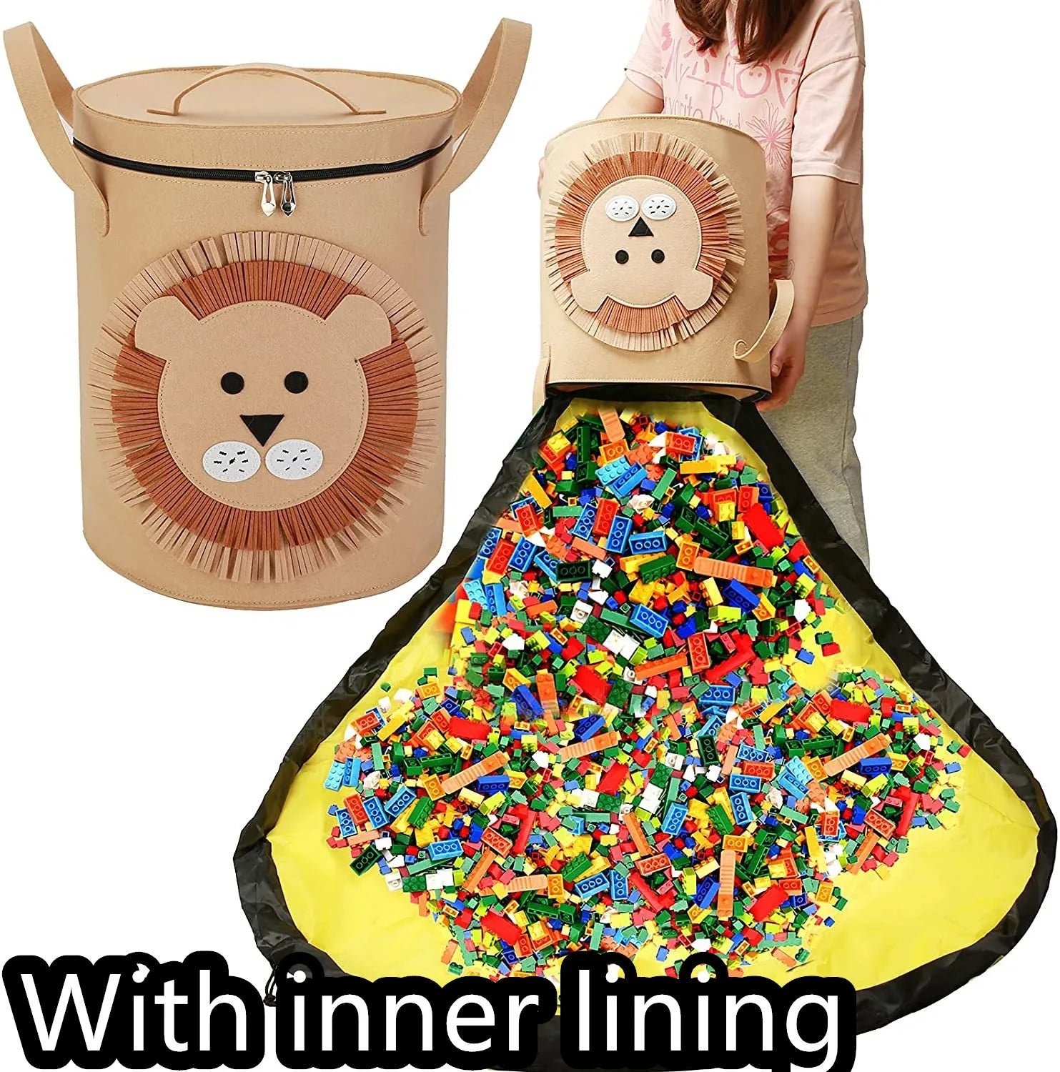 Green felt cube storage bag with pull rope, shown both as a closed bag and flattened as a play mat.