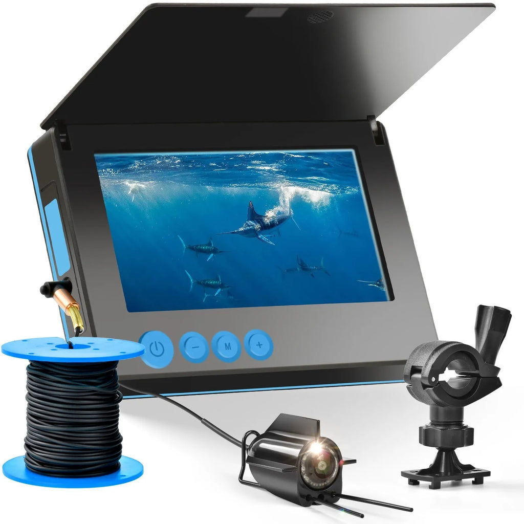 Underwater fish finder camera with 4.3-inch screen showing HD footage of fish, with temperature display and night vision lights.