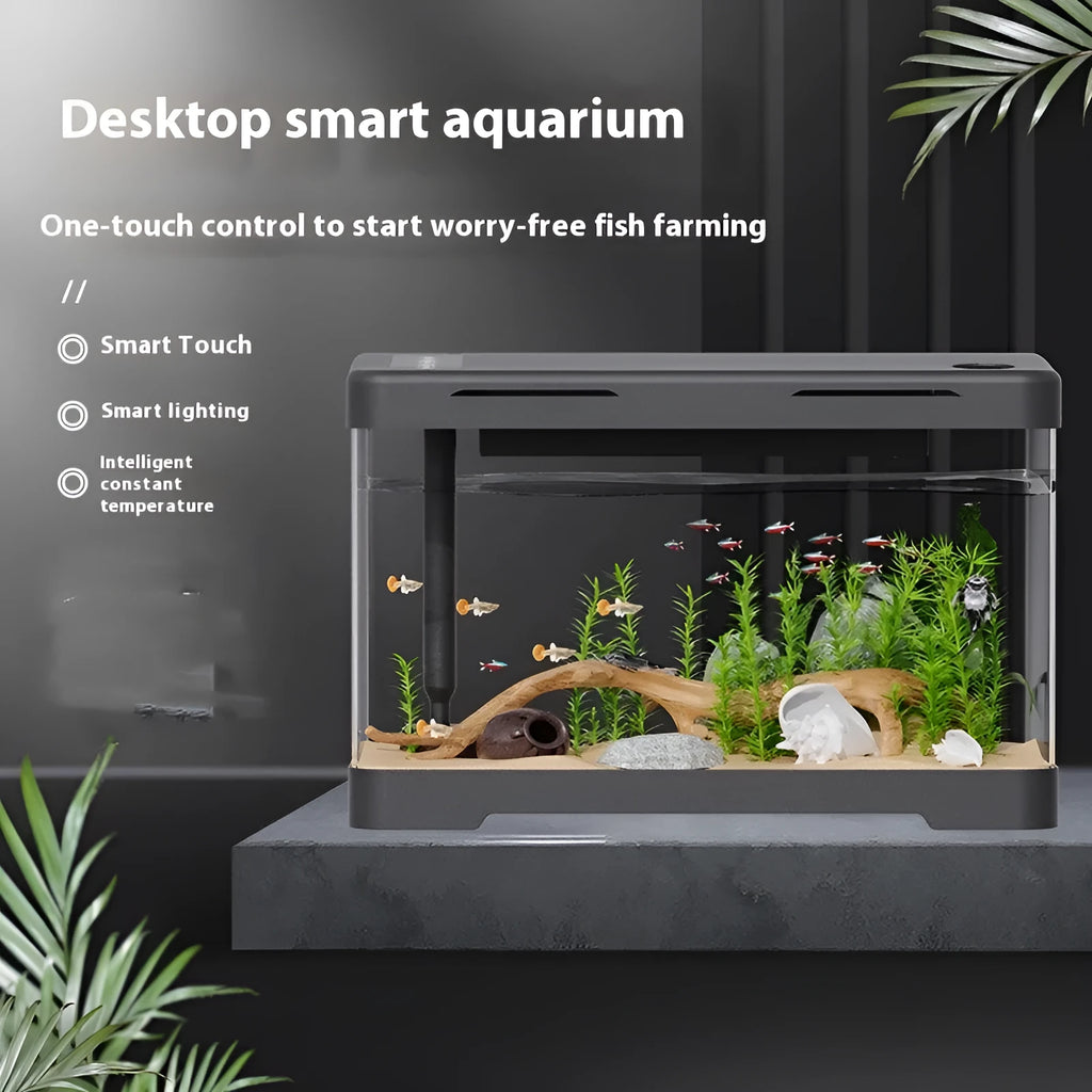 Small acrylic fish tank in classic black, transparent body, sizes 300 to 450, lazy design.