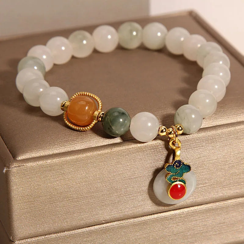 Women's ice jade crystal bracelet with Xiangyun peace jade buckle and pearl detailing