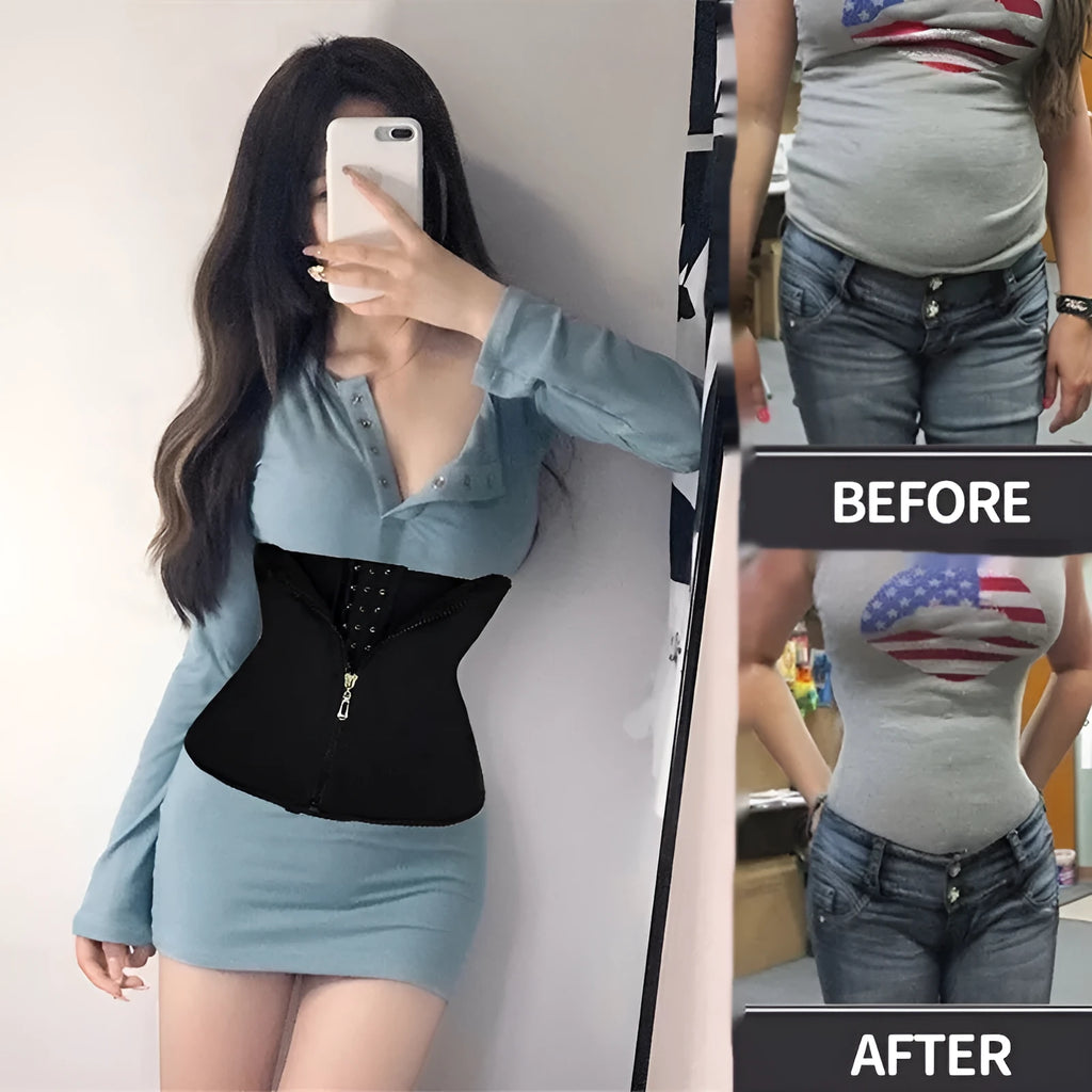 Breasted neoprene body shaping corset belt for women in black, shown on a mannequin.