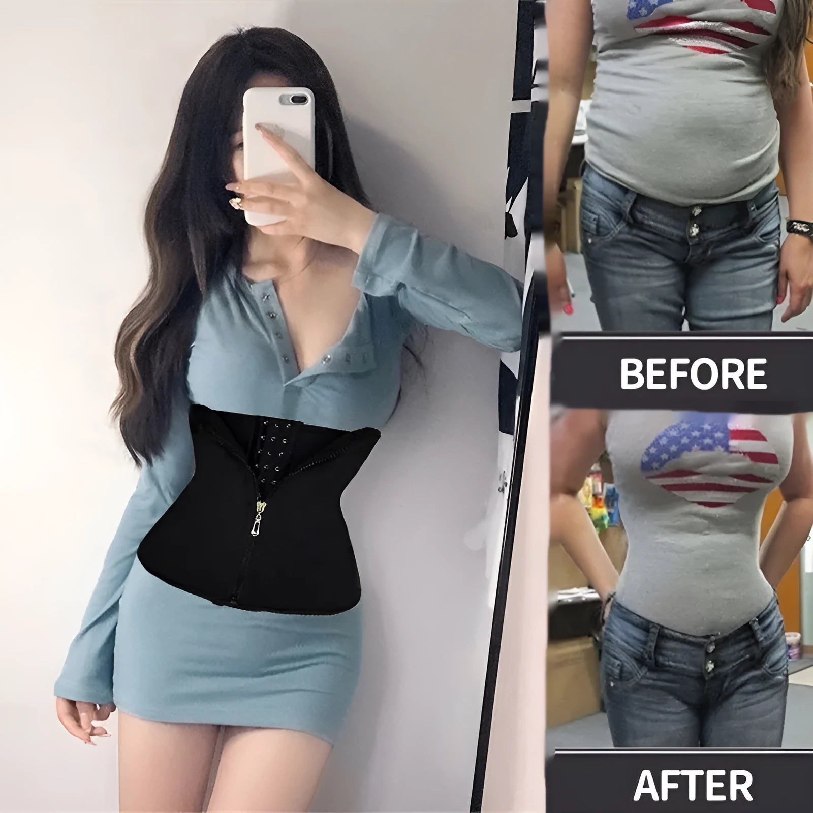 Breasted neoprene body shaping corset belt for women in black, shown on a mannequin.