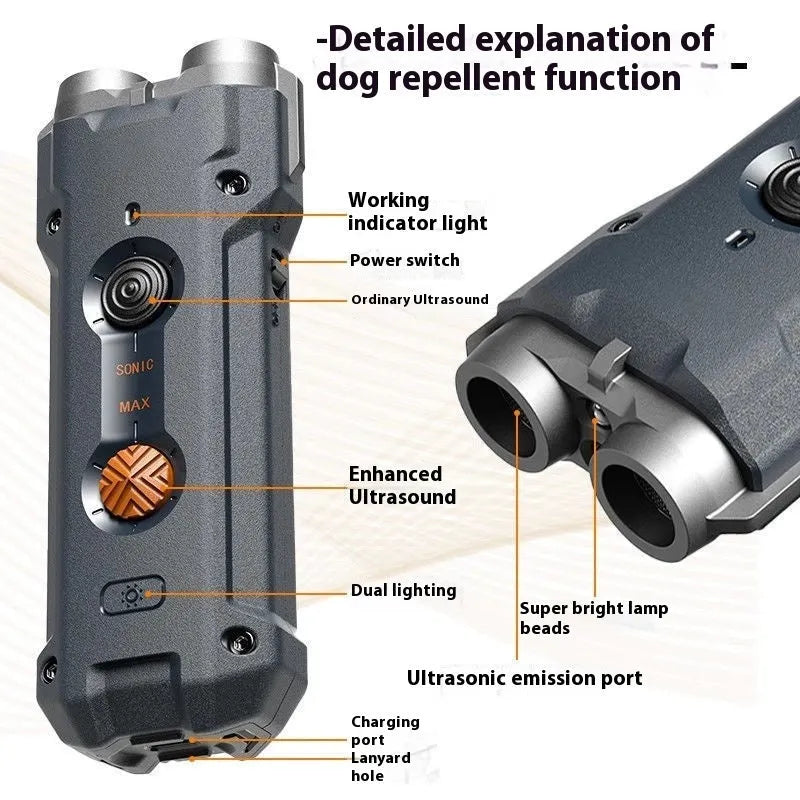 Grey high-power ultrasonic dog repellent with ABS shell and hanging rope