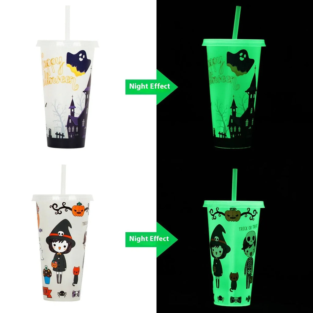 A tall, cylindrical Halloween-themed luminous plastic sippy cup with a straw, showing colour options.