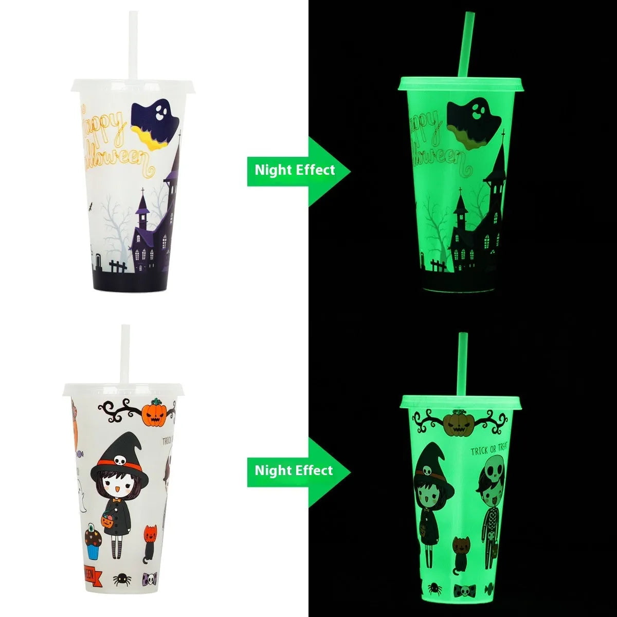 A tall, cylindrical Halloween-themed luminous plastic sippy cup with a straw, showing colour options.