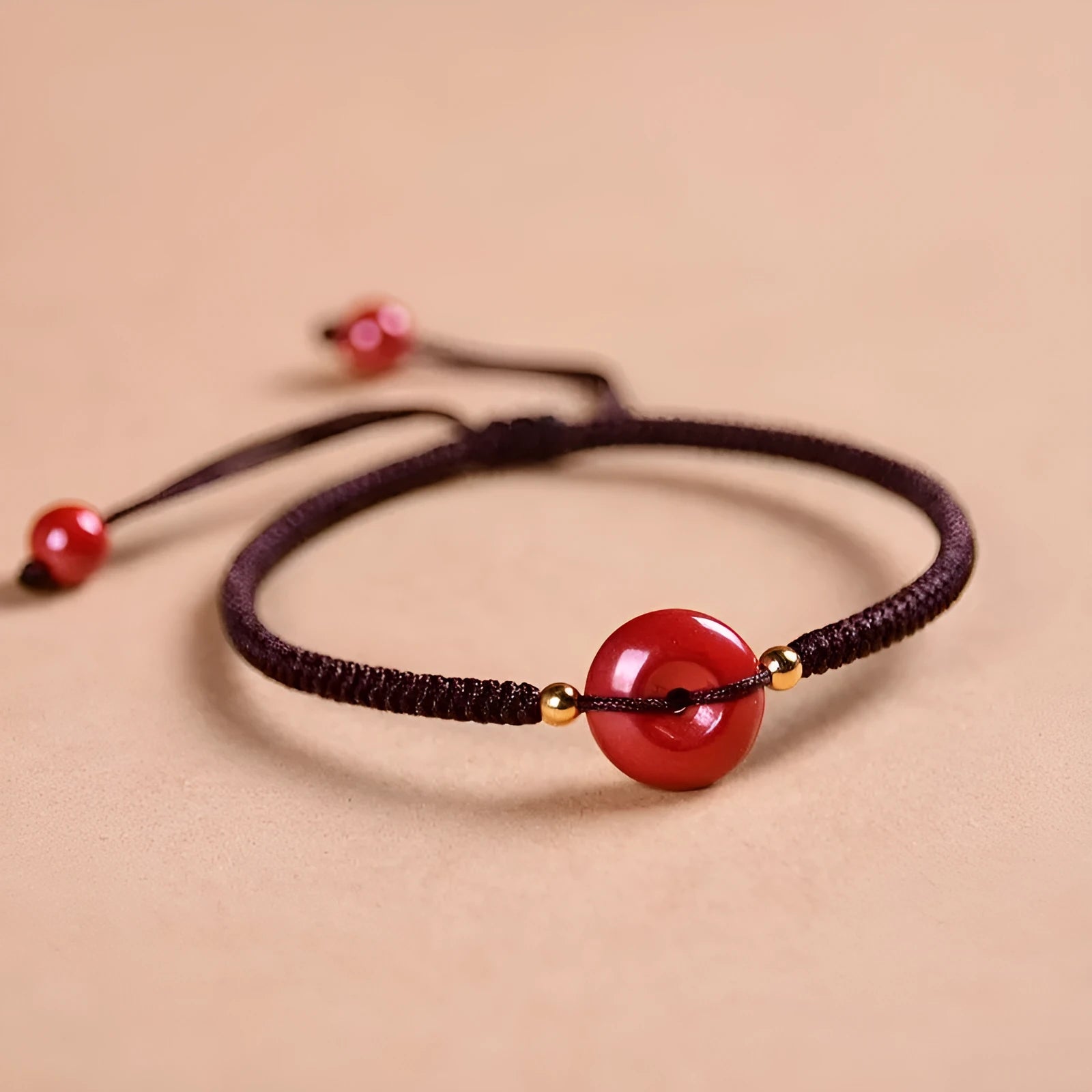 Traditional Chinese cinnabar bracelet with heart-shaped centrepiece and peace buckle clasp on coloured rope cord